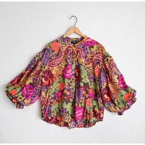 Fate Women Floral Paisley Button Down Blouse Oversized Puff Ruffle Sleeve Medium